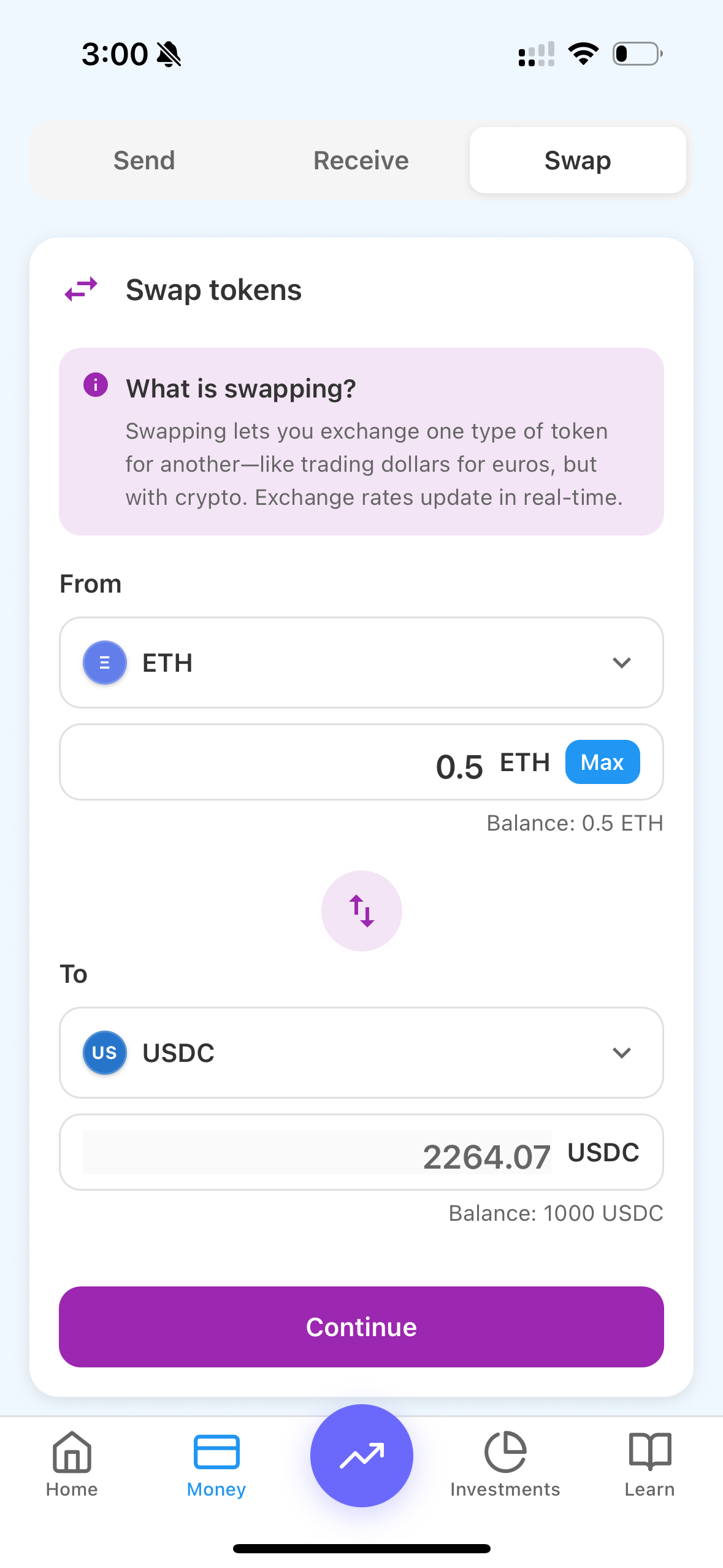 Grow screen showing investment options